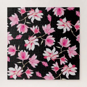 Romantische Magnolie: Schwarze Wasserfarbe Puzzle