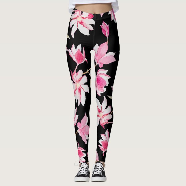 Romantische Magnolien: Schwarzes Wasser Leggings (Vorderseite)