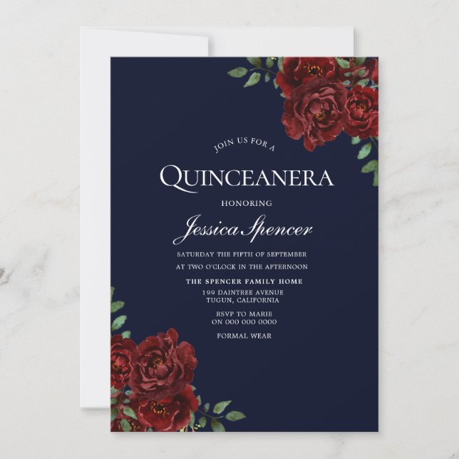 Romantische Marine & Rote Rose Quinceanera Einladu Einladung (Vorderseite)