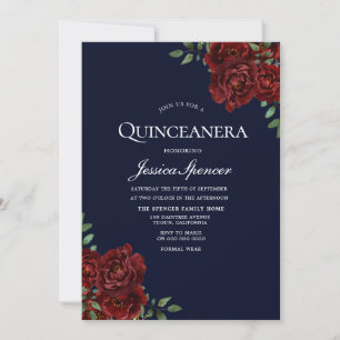 Romantische Marine & Rote Rose Quinceanera Einladu Einladung