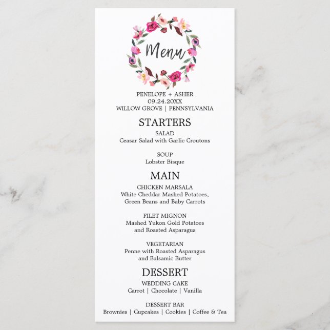 Romantische Messe Wreath Wedding Menu Card Menükarte (Vorderseite)