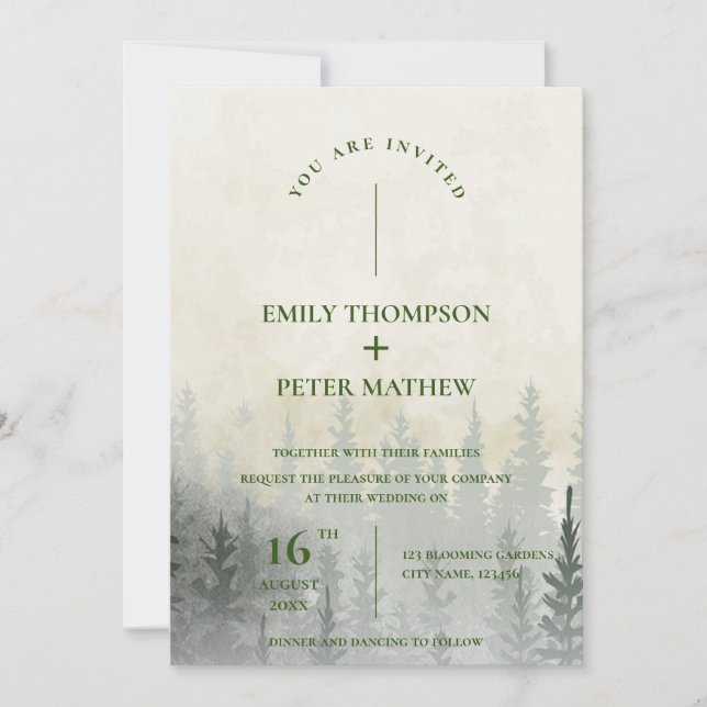 Romantische Misty Forest Watercolor Trees Wedding Einladung (Vorderseite)