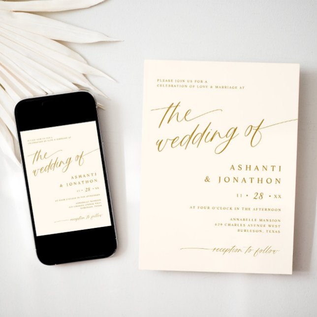 Romantische, moderne Goldene Elfenbein auf einer H Einladung (Gold and light cream wedding invitation - downloadable - elegant, romantic, soft)