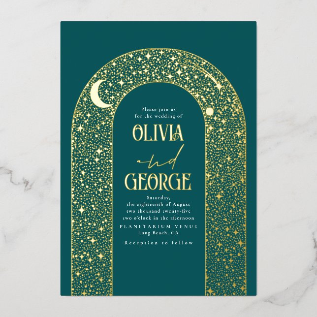 Romantische Moderne Hochzeit Aquamarin Blue Gold Folieneinladung (Vorderseite)