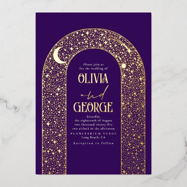 Romantische Moderne Hochzeit Lila & Gold Folieneinladung (Vorderseite)