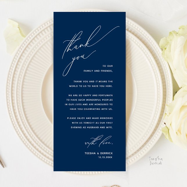 Romantische moderne Hochzeitsdinner-Dankeskarten Programm (Romantic Modern Wedding Reception Dinner Thank You Card in Navy Blue)