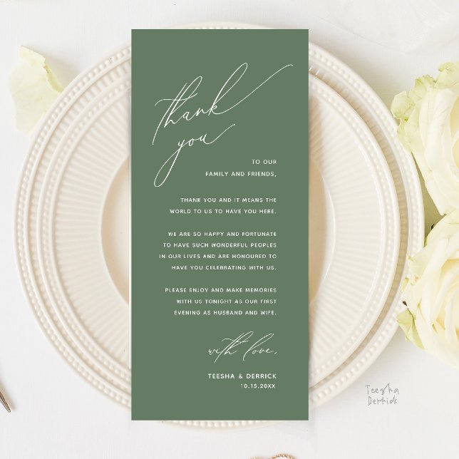 Romantische moderne Hochzeitsdinner-Dankeskarten Programm (Romantic Modern Wedding Reception Dinner Thank You Card in Sage Green)