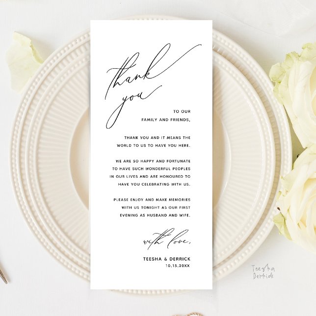 Romantische moderne Hochzeitsdinner-Dankeskarten Programm (Romantic Modern Wedding Reception Dinner Thank You Card in Black and White)