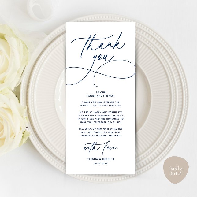 Romantische moderne Hochzeitsempfangs-Dankeskarten Programm (Romantic Modern Wedding Reception Dinner Thank You Card in navy blue)