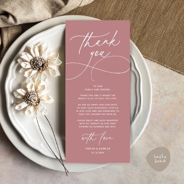 Romantische moderne Hochzeitsempfangs-Dankeskarten Programm (Romantic Modern Wedding Reception Dinner Thank You Card in dusty rose pink)