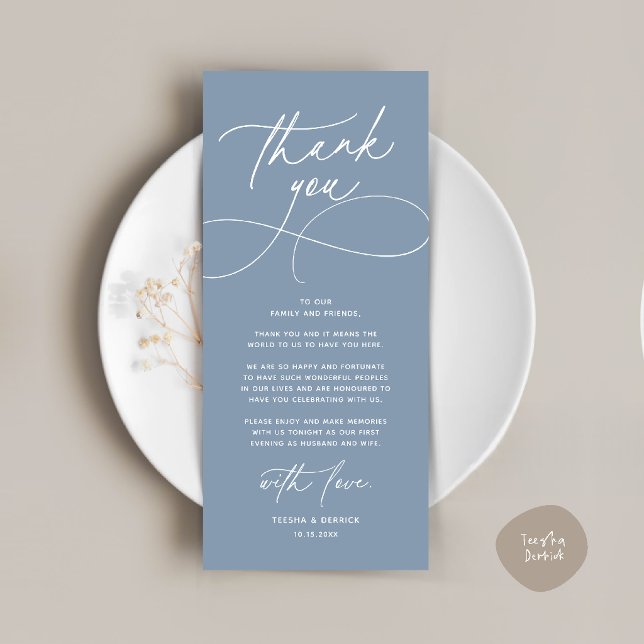 Romantische moderne Hochzeitsempfangs-Dankeskarten Programm (Romantic Modern Wedding Reception Dinner Thank You Card in dusty blue)