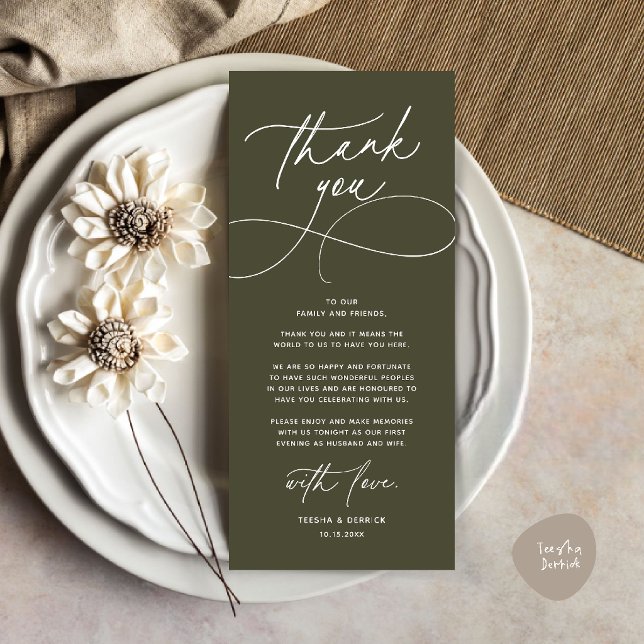 Romantische moderne Hochzeitsempfangs-Dankeskarten Programm (Romantic Modern Wedding Reception Dinner Thank You Card in olive green)