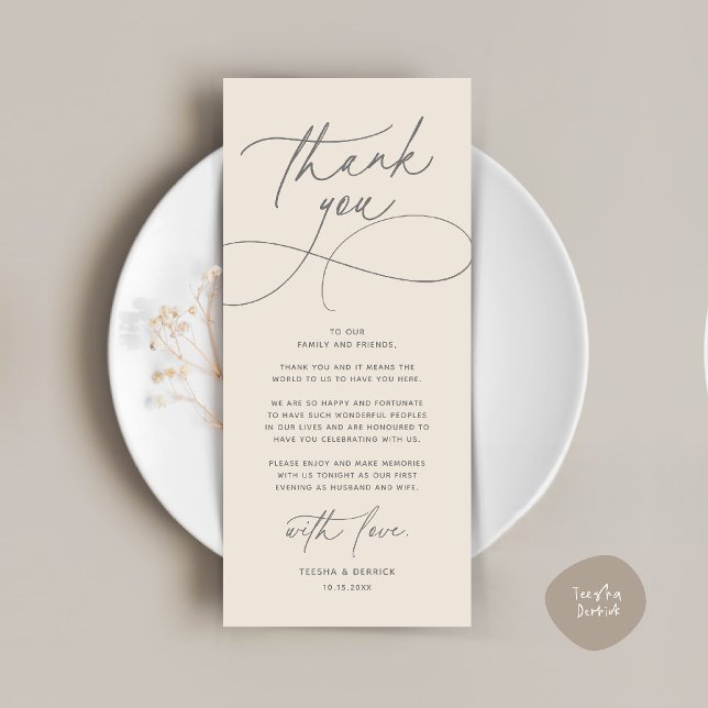 Romantische moderne Hochzeitsempfangs-Dankeskarten Programm (Romantic Modern Wedding Reception Dinner Thank You Card in grey cream)