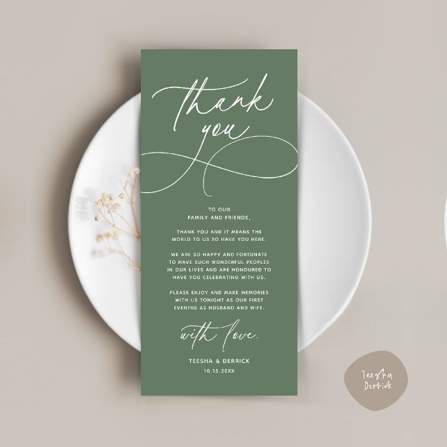 Romantische moderne Hochzeitsempfangs-Dankeskarten Programm (Romantic Modern Wedding Reception Dinner Thank You Card in sage green)