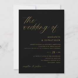 Romantische moderne Schwarz-Gold-Hochzeit Einladung