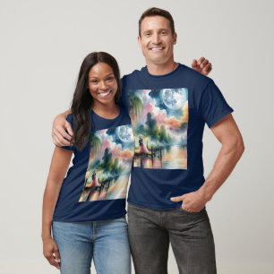 Romantische Mondlicht-Aquarell-Nachtszene T-Shirt