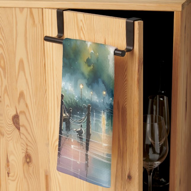 Romantische Mondlicht Wasserfarben Nachtszene Geschirrtuch (Drittel gefaltet)