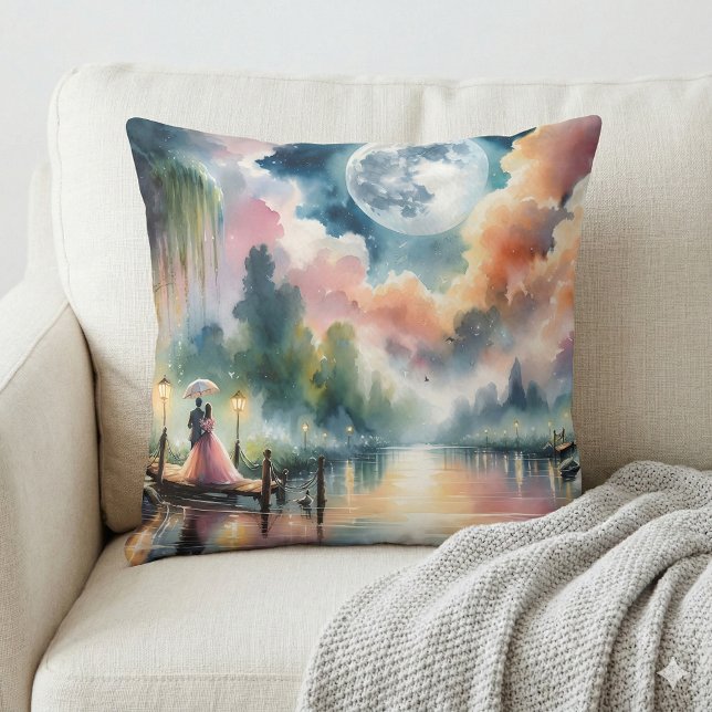 Romantische Mondlicht Wasserfarben Nachtszene Kissen (Romantic Moonlight Watercolor Night Scene Throw Pillow Mockup A)