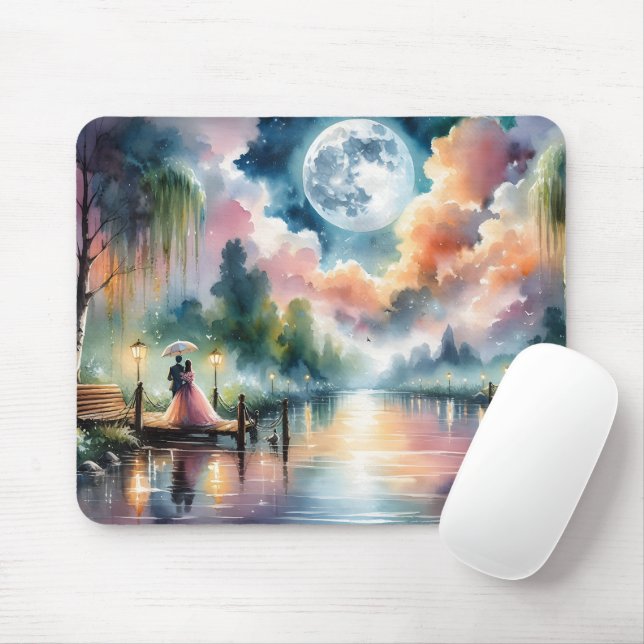 Romantische Mondlicht Wasserfarben Nachtszene Mousepad (Mit Mouse)