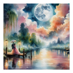 Romantische Mondlicht-Wasserfarben-Nachtszene Poster