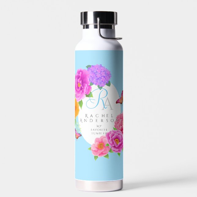 Romantische Monogram Peonies Garden Blue Trinkflasche (Links)