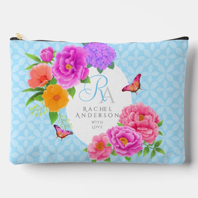 Romantische Monogram Peonies Garden Blue Zubehörtasche (Vorderseite)