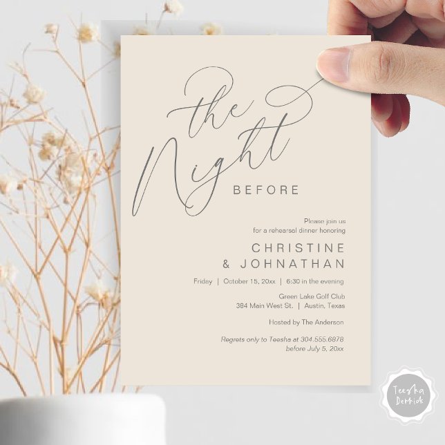 Romantische Nacht vor Hochzeit Probe Dinner Einladung (Romantic The Night Before Wedding Rehearsal Dinner Party Invitation Card, in Dark Grey Cream)