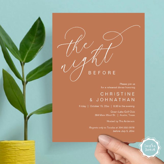 Romantische Nacht vor Hochzeit Probe Dinner Einladung (Romantic The Night Before Wedding Rehearsal Dinner Party Invitation Card, in Brown Rust Orange)