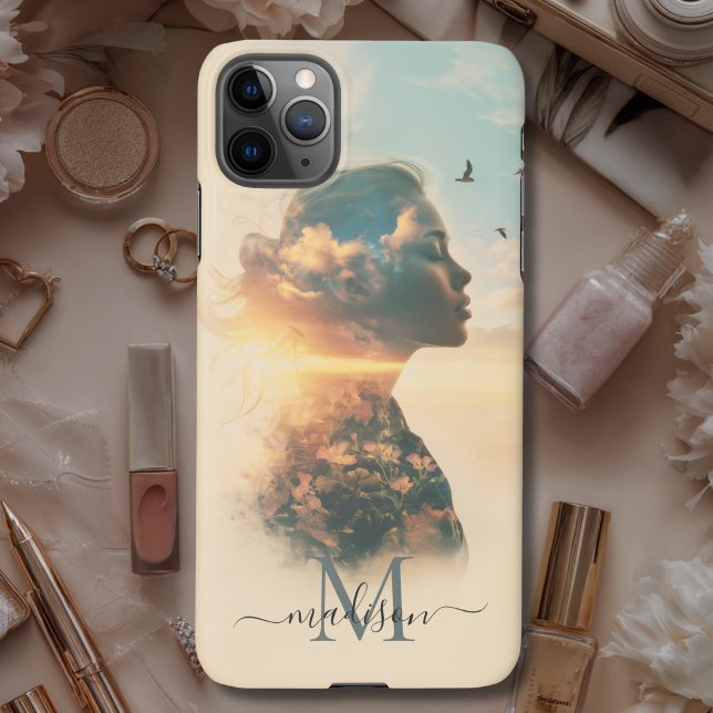 Romantische Naturei-Monogramm iPhone Hülle (Romantic Woman Nature Sunset Monogram iPhone Case with your Initial & Name)