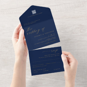 Romantische Navy-Blau-Gold-Delicate-Script-Hochzei All In One Einladung