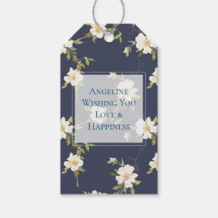 Romantische Navy Blau Weiße Florale Hochzeitsdusch Geschenkanhänger