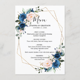 Romantische Navy Blue Blush Rose Menükarte