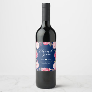 Romantische Navy Blue Pink Rose Floral Vielen Dank Weinetikett