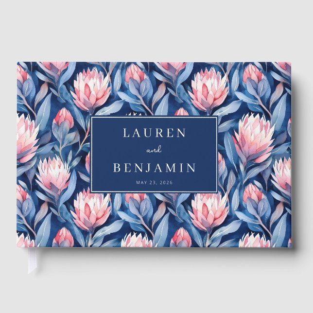 Romantische Navy-Blumen Protea Gästebuch (Vorderseite)