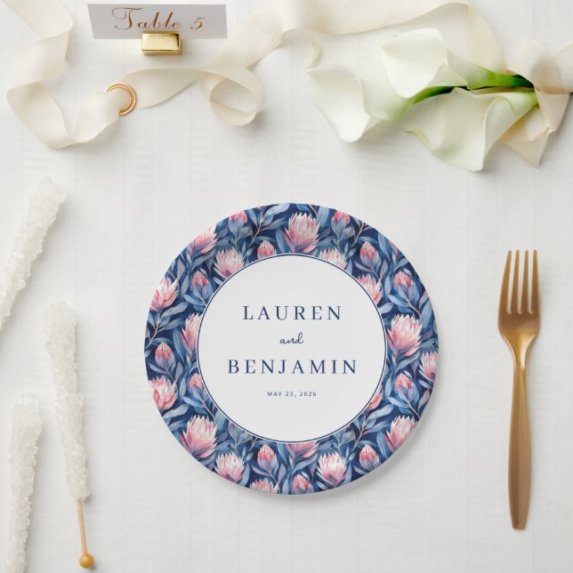 Romantische Navy-Blumen-Wasserfarbe Pappteller (Hochzeit)