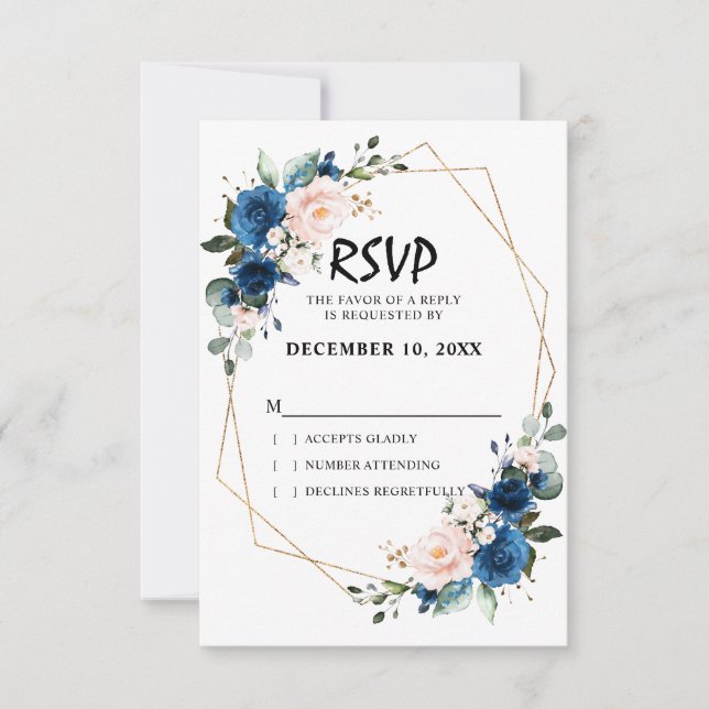 Romantische Navy Blush Pink Floral Geometric RSVP Karte (Vorderseite)
