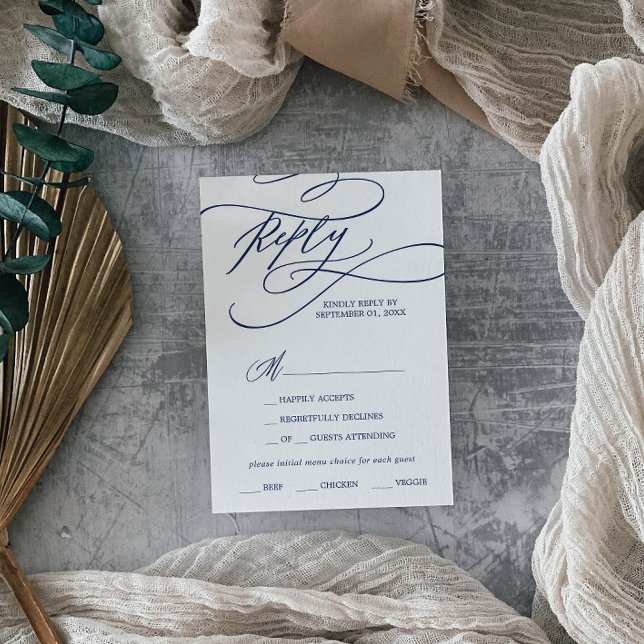 Romantische Navy Calligraphy Menü RSVP Karte (Von Creator hochgeladen)