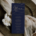 Romantische Navy Calligraphy Wedding Dinner Menu Menükarte<br><div class="desc">Diese romantische Kalligrafie Hochzeitsmenü-Karte ist perfekt für eine einfache Hochzeit. Das moderne klassische Design besticht durch extravagante Wirbel und skurrile Schnörkel mit herrlich eleganten, handgezeichneten Imitaten, die auf Champagner-Goldfolie-Typografie setzen. Diese Speisekarte kann für Hochzeitsfeiern, Proben oder jede Veranstaltung verwendet werden. Bitte beachten Sie: Dieses Design enthält keine echte Goldfolie. Es...</div>