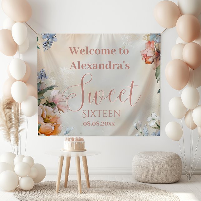 Romantische Navy Pastel Wildblumen Sweet 16 Banner (Von Creator hochgeladen)