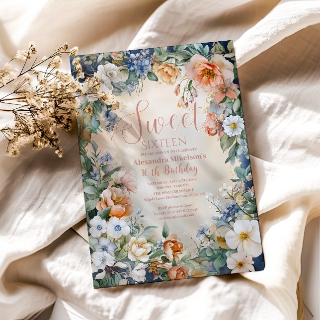 Romantische Navy Pastel Wildblumen Sweet 16 Einladung (Von Creator hochgeladen)