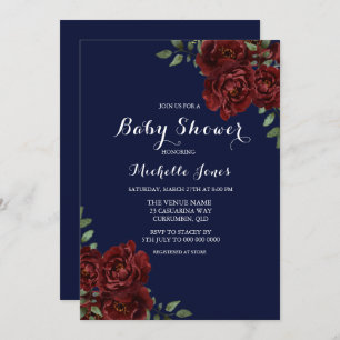 Romantische Navy & Rote Rose Floral Baby Dusche Einladung