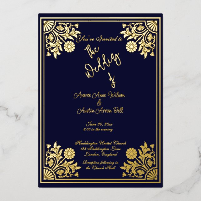 Romantische Navy und Gold Foil Rahmen und Text Hoc Folieneinladung (Vorderseite)