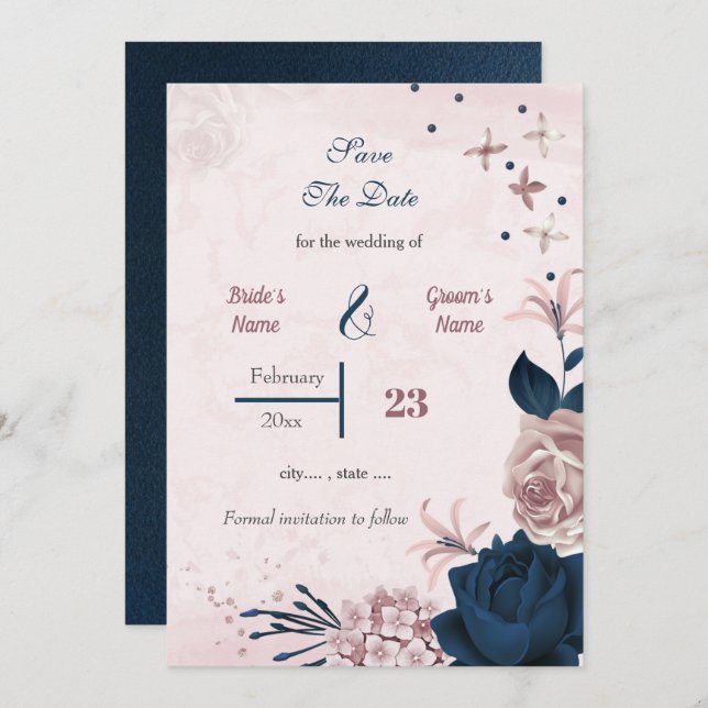 Romantische Navy und rosa Blume Save The Date (Vorne/Hinten)