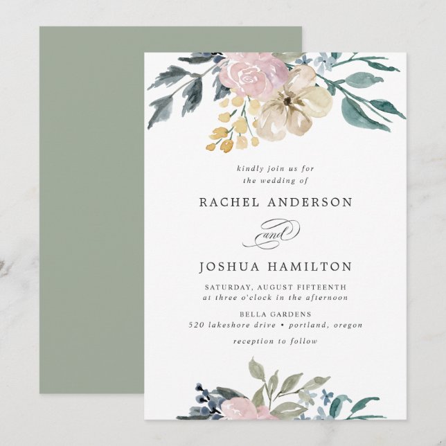 Romantische neutrale Blütenfarbe | Hochzeit Einladung (Vorne/Hinten)