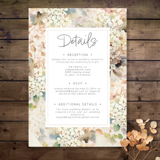 Romantische neutrale Vintage Hydrangea-Hochzeitsde Begleitkarte (Romantic Neutral Vintage Hydrangea Wedding Details Enclosure Card)