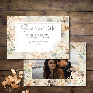 Romantische neutrale Vintage Hydrangeas-Foto Hochz Save The Date