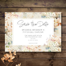 Romantische neutrale Vintage Hydrangeas-Hochzeit Save The Date