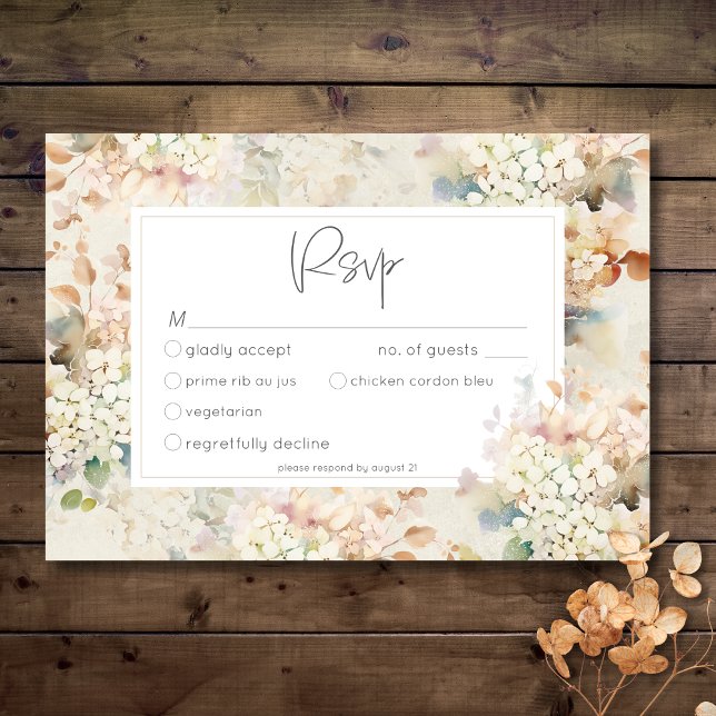 Romantische neutrale Vintage Hydrangeas Hochzeitse RSVP Karte (Romantic Neutral Vintage Hydrangeas Wedding Dinner RSVP Card)
