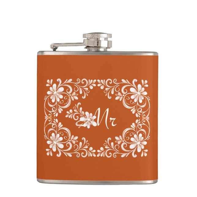 Romantische Orange Shabby Chic Herren Hochzeitsfla Flachmann (Vorderseite)