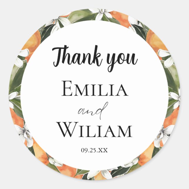 Romantische Orangen-Zitrushochzeit Runder Aufkleber (Vorderseite)